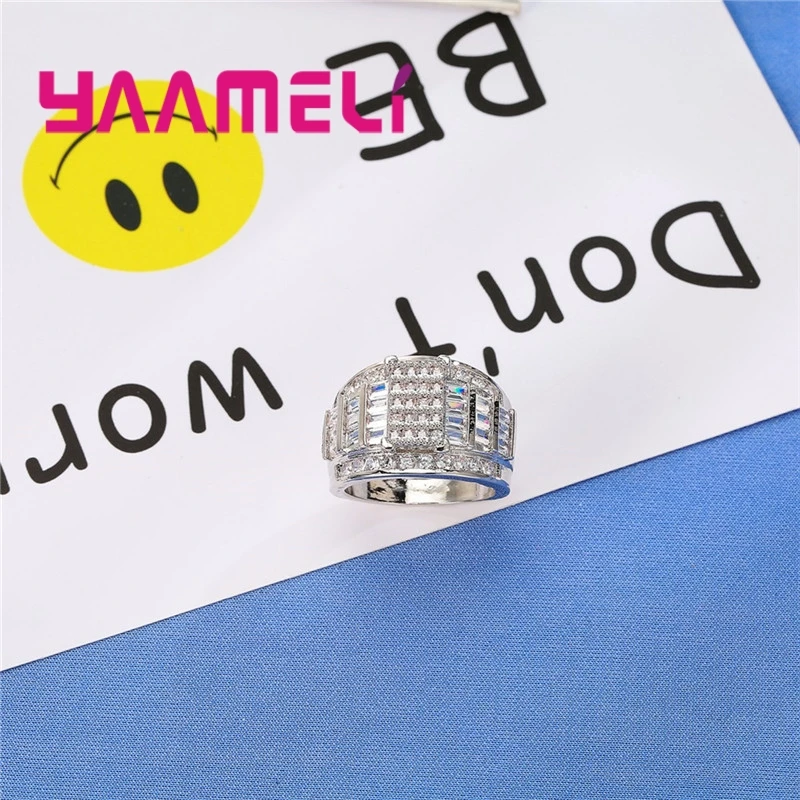 Wide Ring White Crystal Column Styling 925 Sterling Silver Wedding Christmas Surprise Gift Jewelry For Women Lady