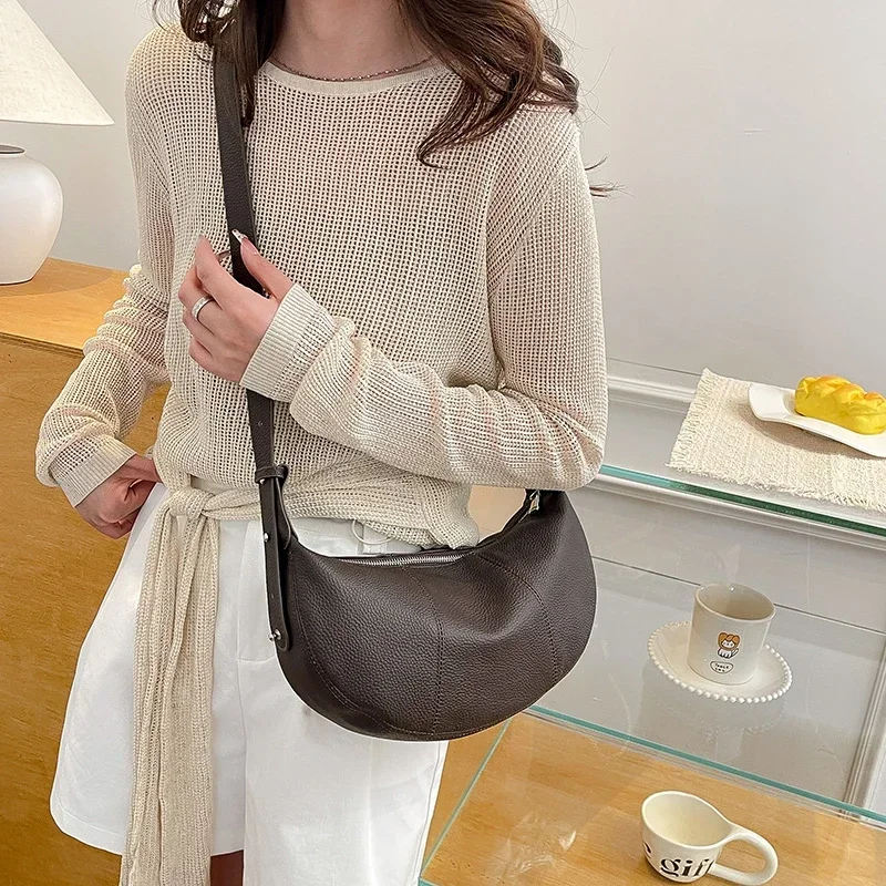 100% Echtes Leder Schultertasche für Damen Große Kapazität Halbmond-Form Designer Kuhledertasche für Pendler Shopper-Tasche – Detail 21