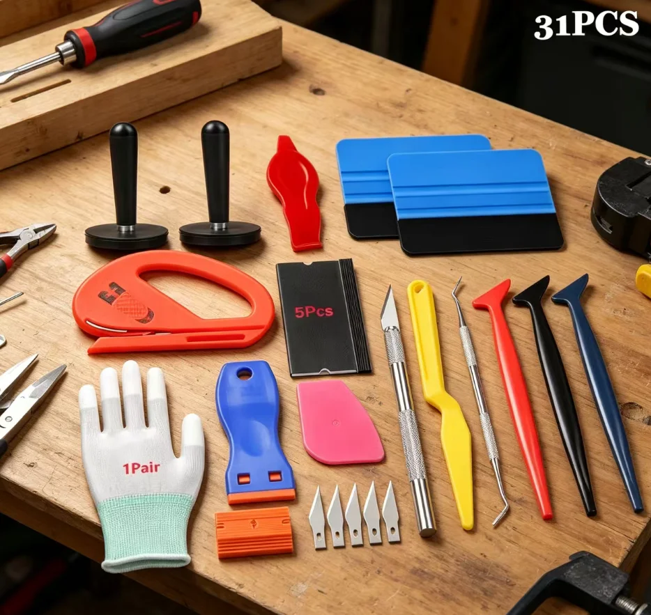 31Set of Car Wrapping Tools Plastic Scraper with Fabric Felt Scraper、Carving Knife and Blade、Gloves