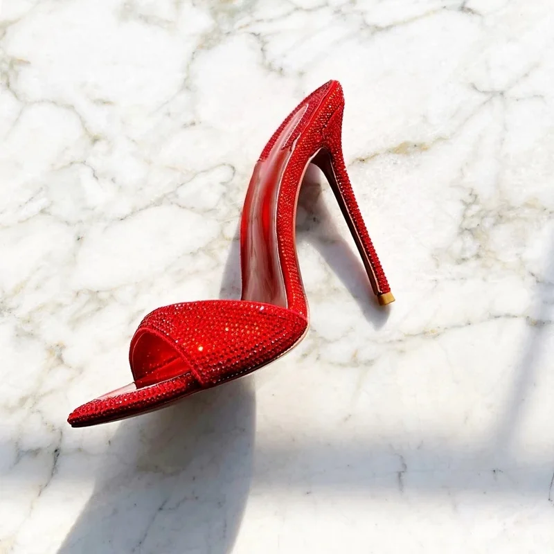 Full Rhinestone Bling Bling Silver Slippers Single Wide Strap Pointed Open Toe Stiletto Heels Mule Slides Women Wedding Sandals