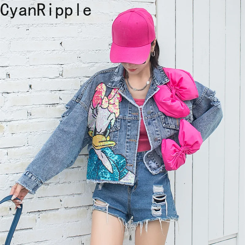 

Новая весенне-осенняя женская джинсовая куртка с эффектом омоложения, с милыми пайетками и мультяшной вышивкой, короткий кардиган, розовый бант, повседневное джинсовое пальто