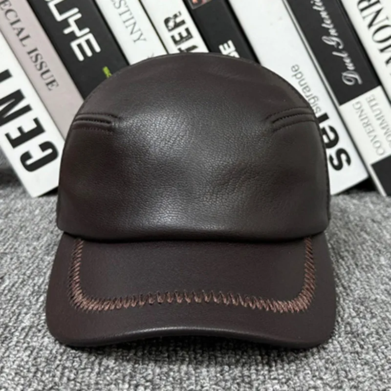 Snapback Cap New Winter Genuine Leather Cap Personality Sheepskin Warm Baseball Caps For Men Natural Dad's Coldproof Leather Hat