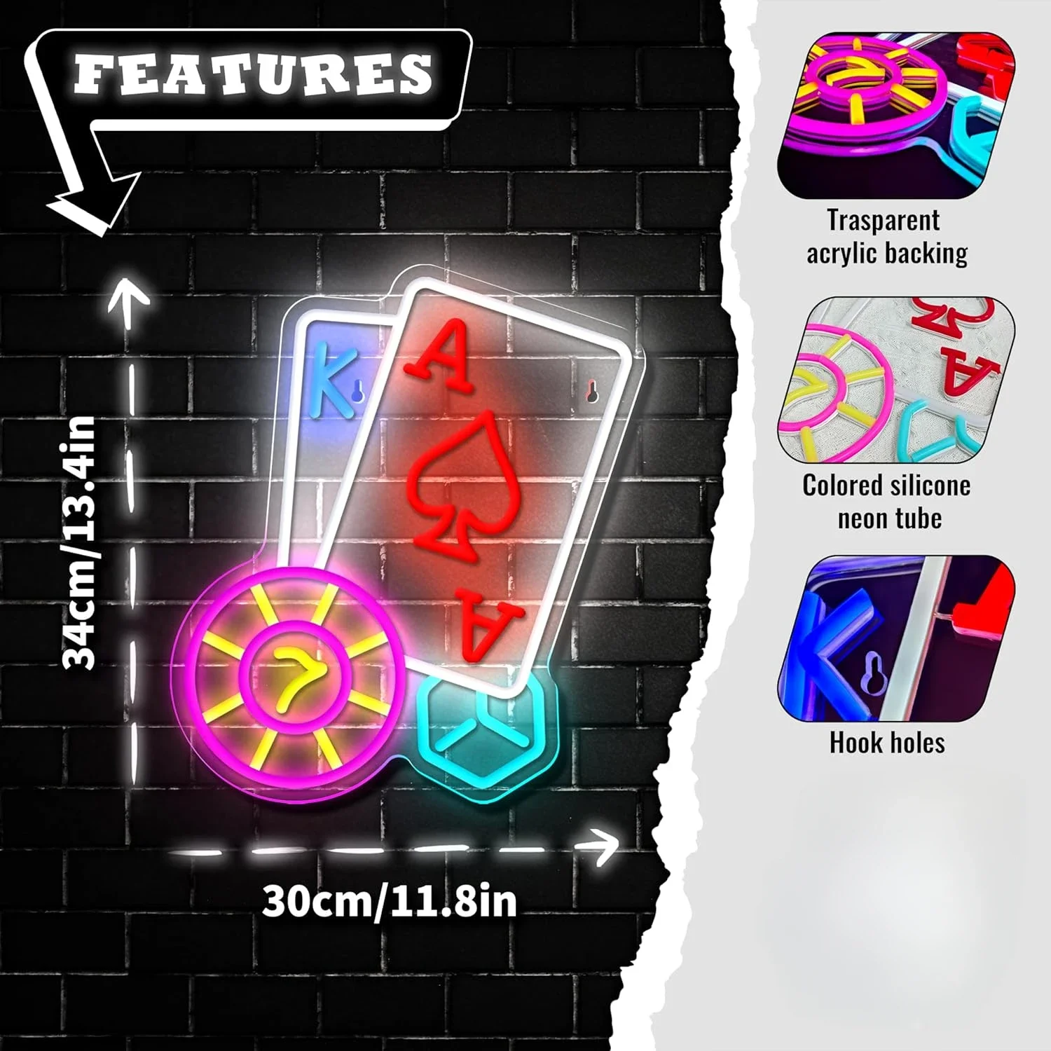 Ace King Poker Neon Sign LED Wall Art USB Powered Acrylic Glow Lamp Lucky Seven Theme Decor Game Room Bar Party Aesthetic Light