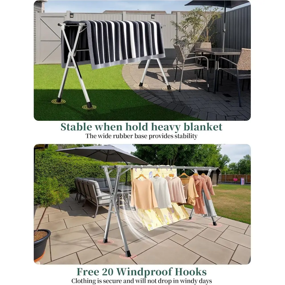 Stainless Steel Folding Clothes Drying Rack - 95 Heavy-Duty, Outdoor & Indoor, Anti-Rust, 20 Windproof Hooks, Portable Laundry R
