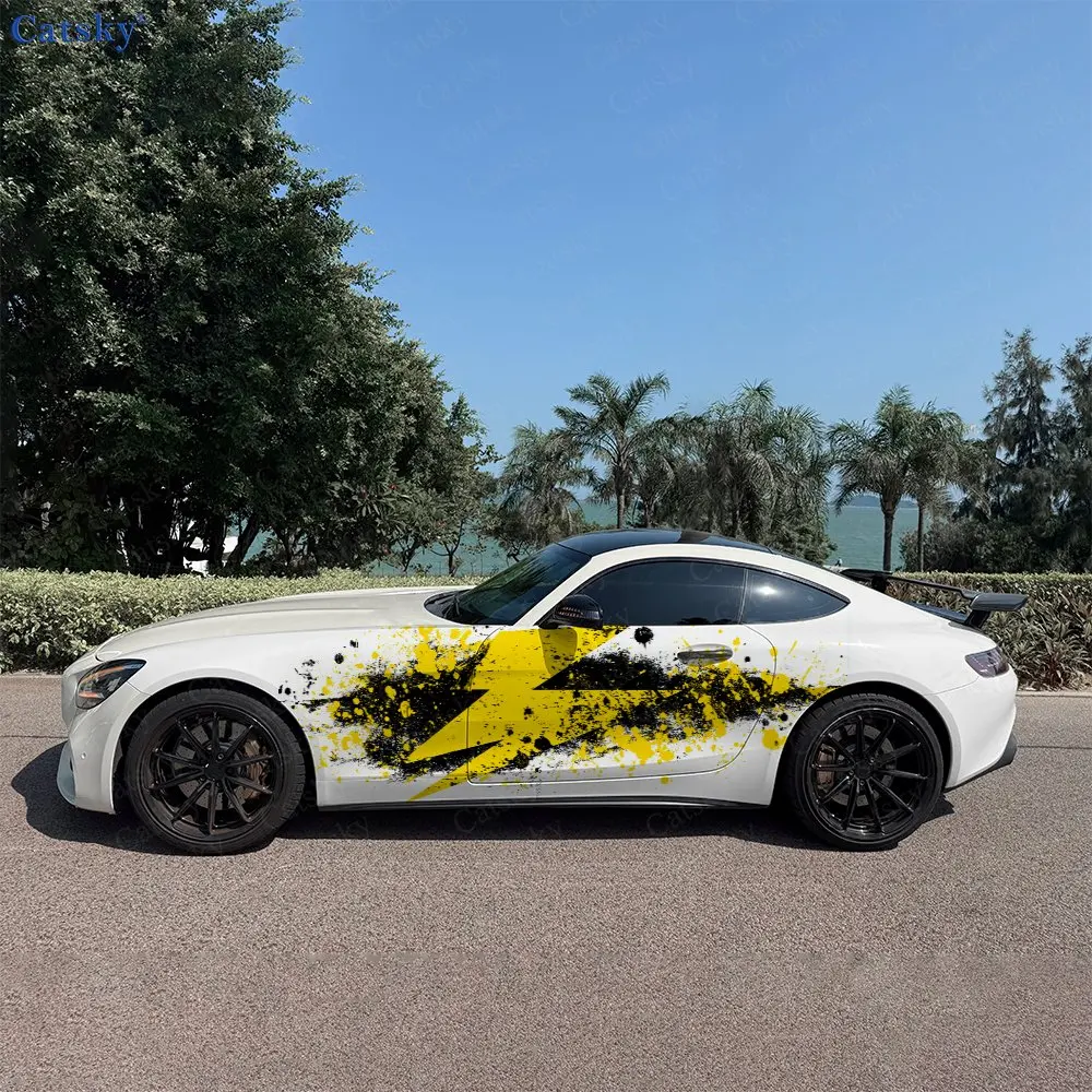 2pcs Yellow Lightning Car Decal Full Body Floral Decoration Covering Scratches Protect Car Decal Waterproof Car Vinyl Wraps