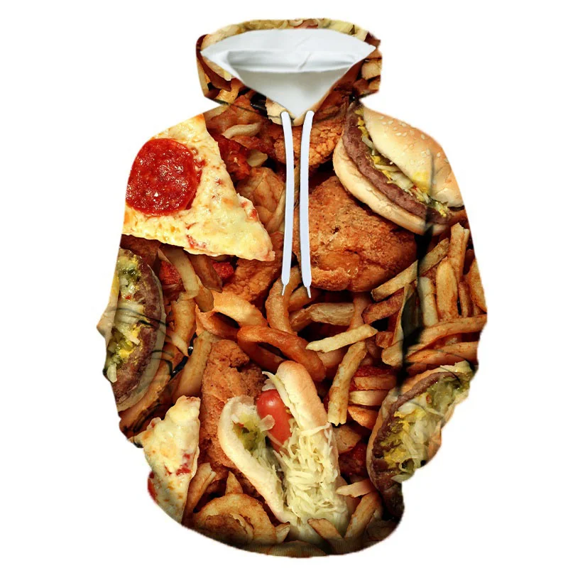 3D Printing Steak Salad French Fries Food Hoodie For Men Long Sleeves Hooded Sweatshirt Hamburger Pattern Casual Pullovers