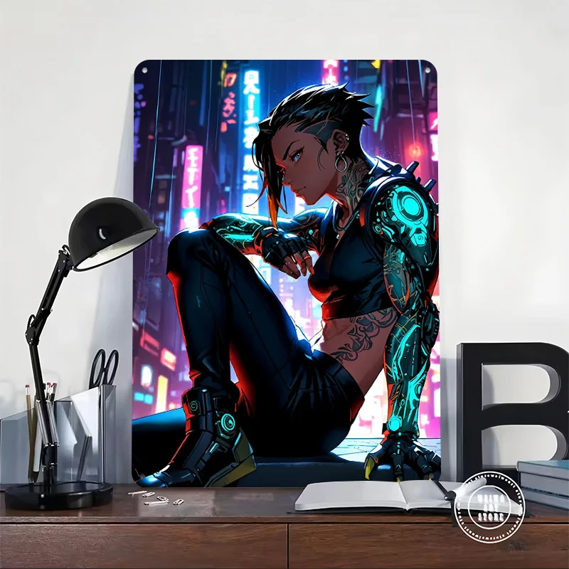 Anime Cyberpunk Cyborg Gir Personalized 3D Textured Metal Poster Wall Art Tinplate Sign for Office Decor Room Bedroom Decoration