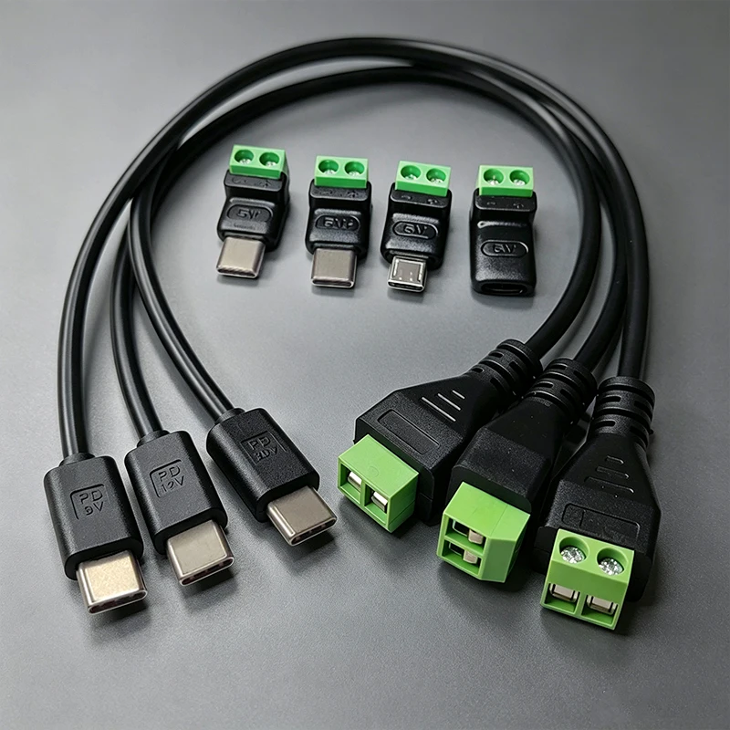 Micro USB Type-C to 2Pin Screw Crimp Terminal Block Terminal Adapter Solderless Plug 5V 9V 12V Charging Connector Extension Cord