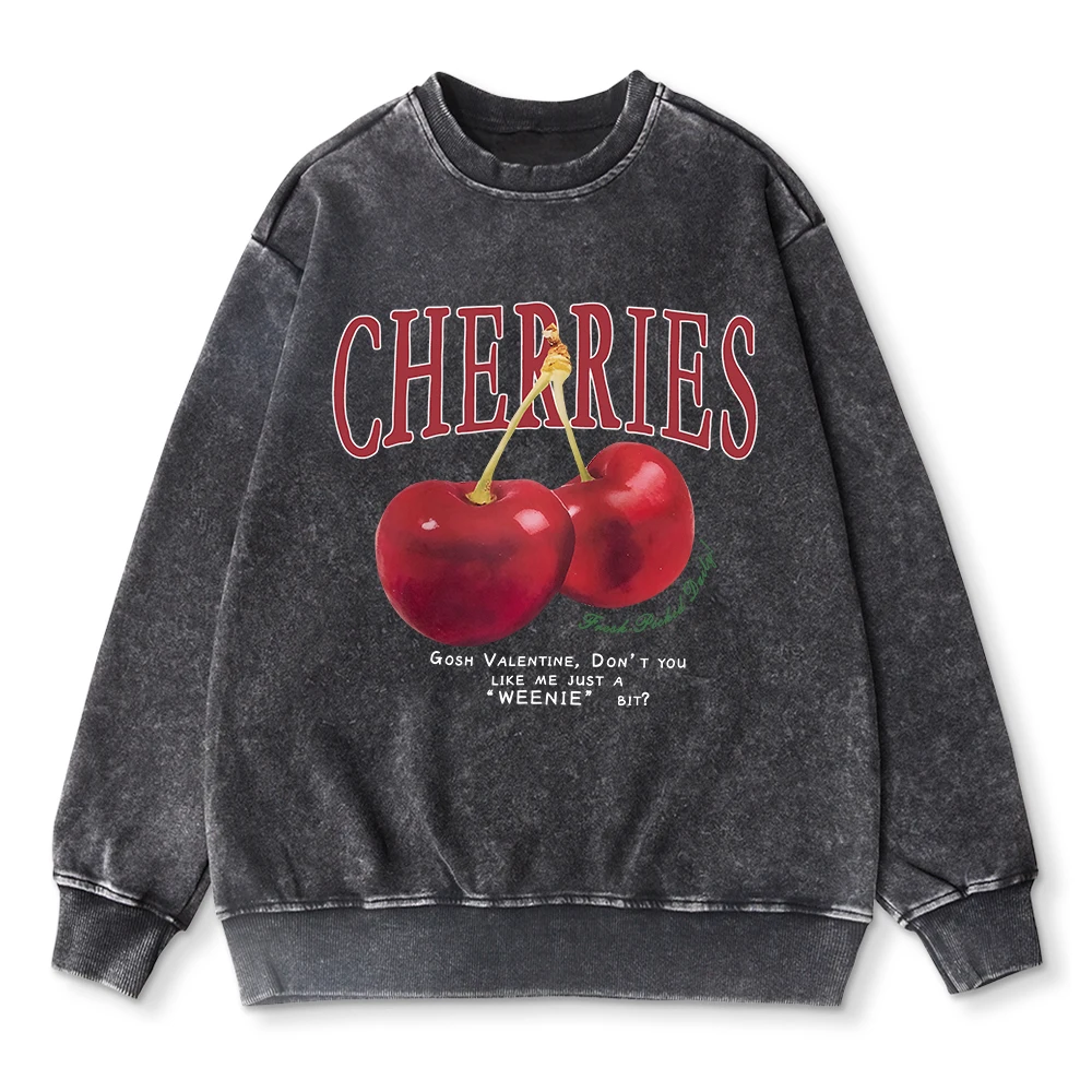 Oversized Women Washed Sweatshirt Fresh Red Cherries Prints Hoodie Autumn Crewneck Cotton Pullover Female Acid Wash Streetwear