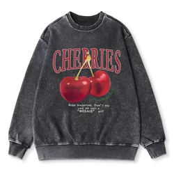 Oversized Women Washed Sweatshirt Fresh Red Cherries Prints Hoodie Autumn Crewneck Cotton Pullover Female Acid Wash Streetwear