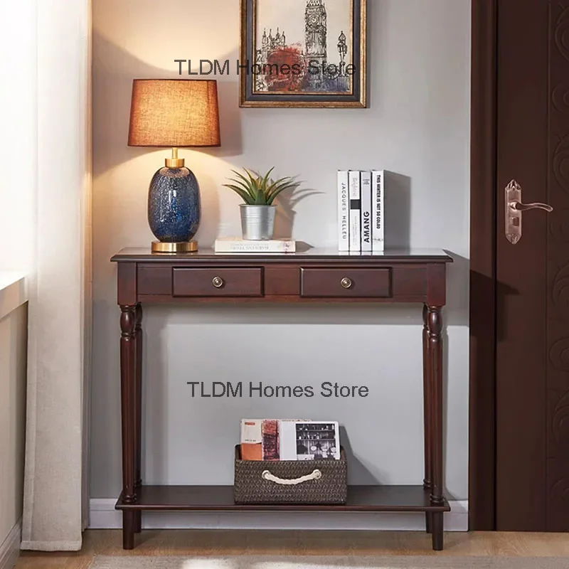 American Solid Wood Console Table Household Entry Hallway Table Retro Living Room Furniture Entrance Console Cabinet with Drawer image 4