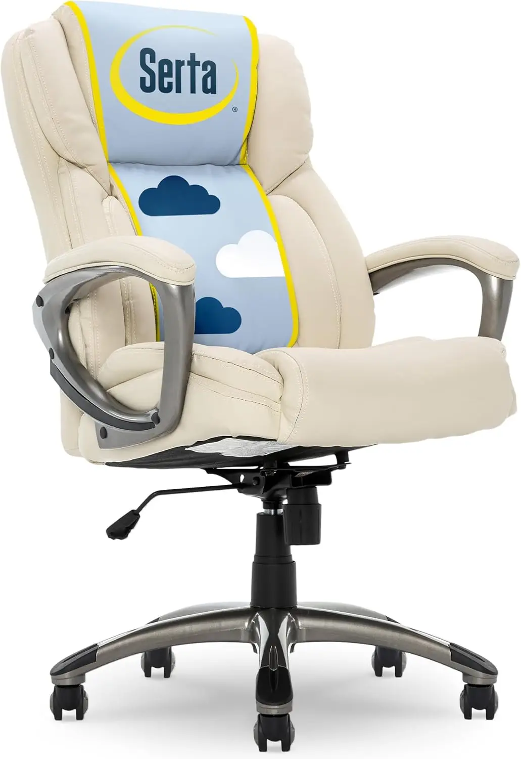 

Ergonomic Mid-Back Office Chair with Lumbar Support, Swivel Base, Padded Armrests, Ivory White Leather