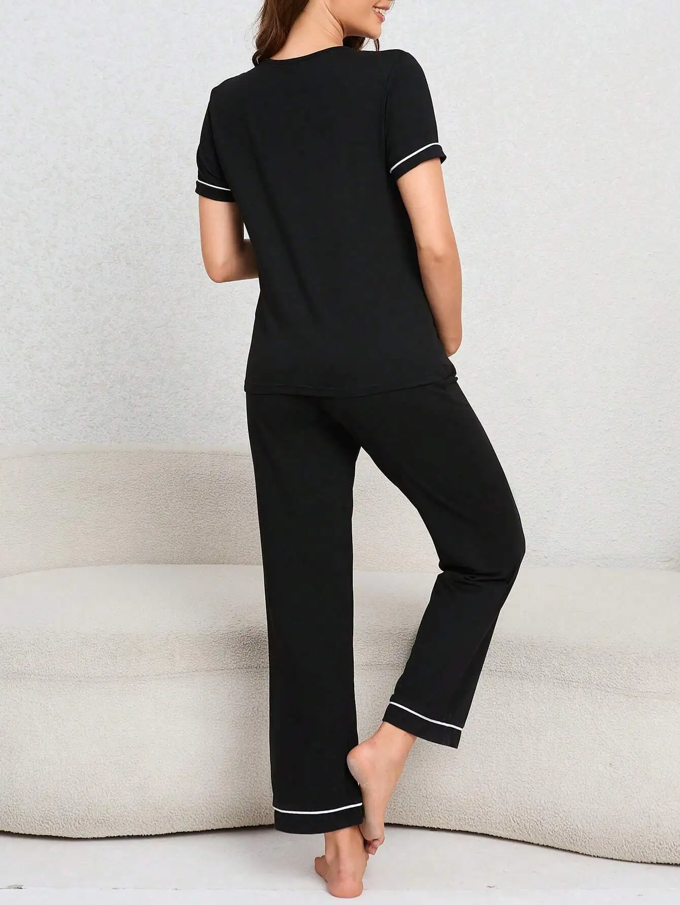 Black Maternity Pajama Set with Contrast Piping and Front Buttons