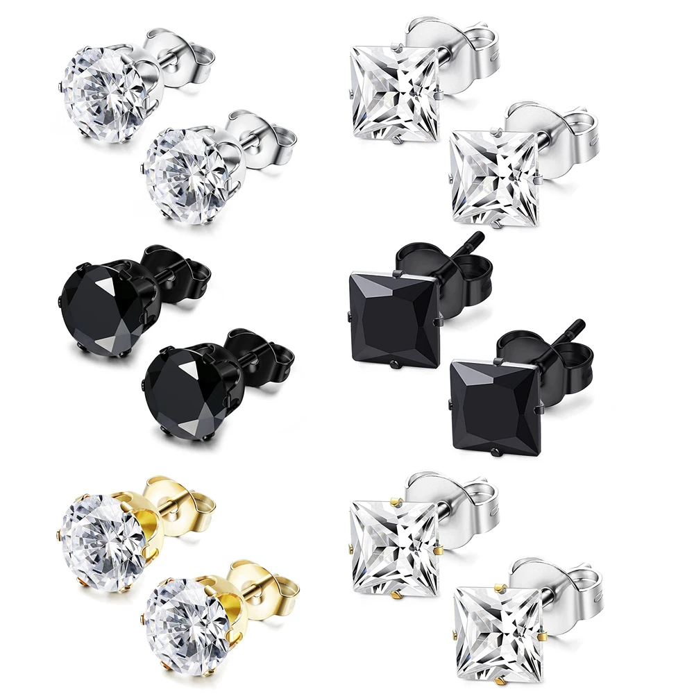 1 Pair Stainless Steel Silver Gold Black Round Square Inlaid Cubic Zirconia Stud Earrings Set for Men Women 3-8MM