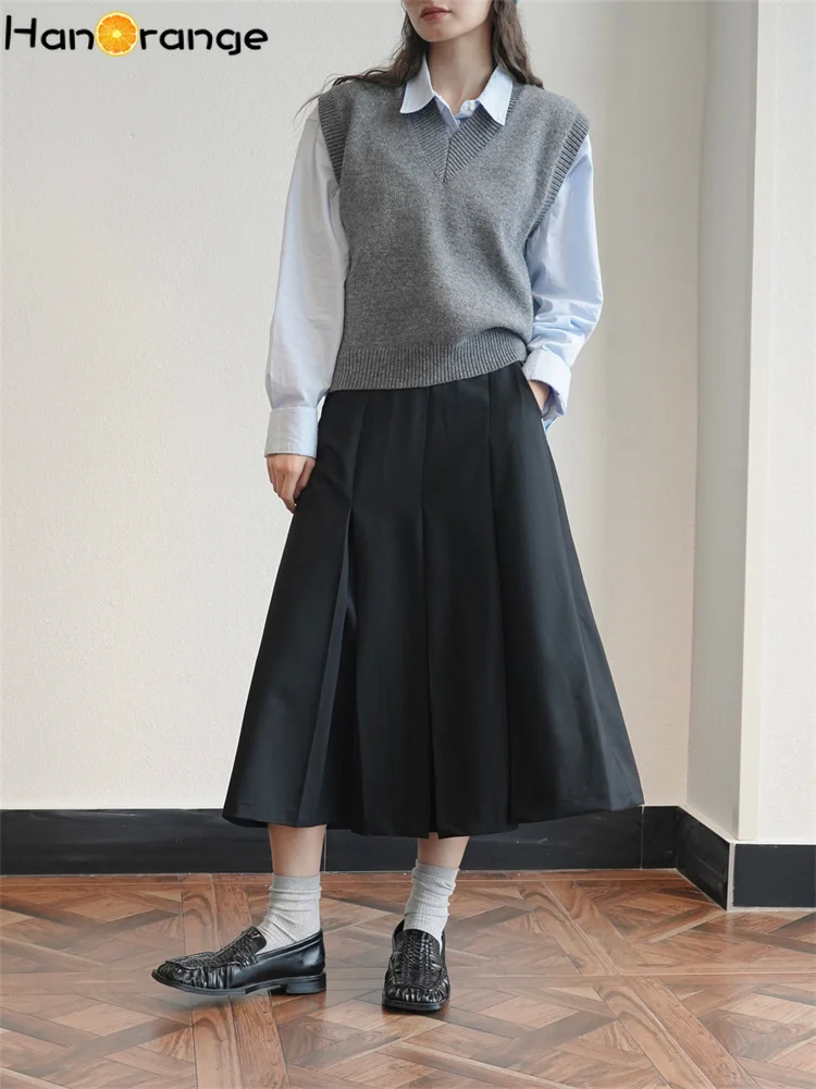 HanOrange 2024 Spring Fashion Half Skirt High Waist Loose A-line Casual Midi Skirt Black/Dark Gray