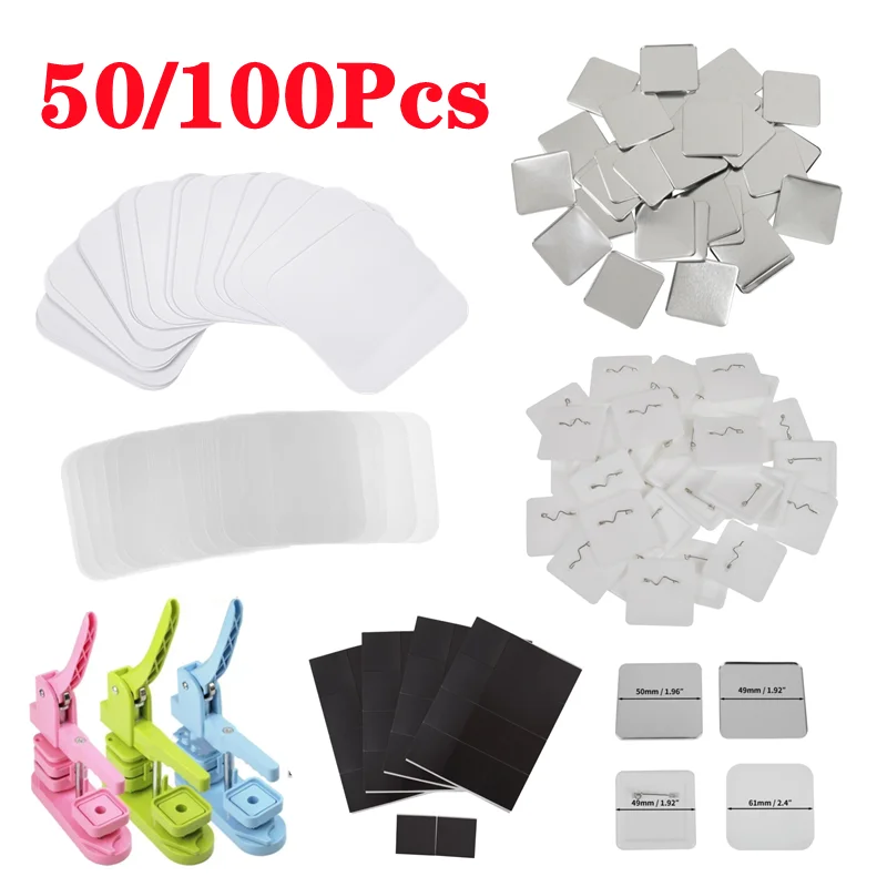

50/100Pcs/set 50*50mm Square Pin Style Badge Parts Set for Rotating Style Badge Button Maker Machine Home Office Kitchen Wall