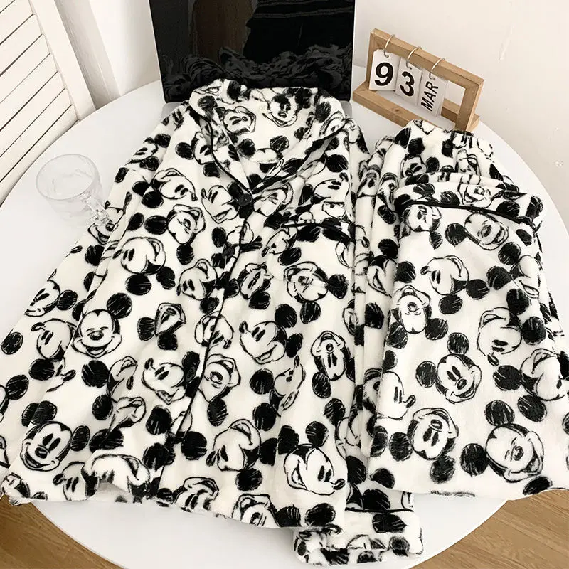 Korean Mickey Plush Fuzzy Pajamas for Women Autumn and Winter Cute Cartoon Thick Flannel Warm Home Casual Oversize Clothes