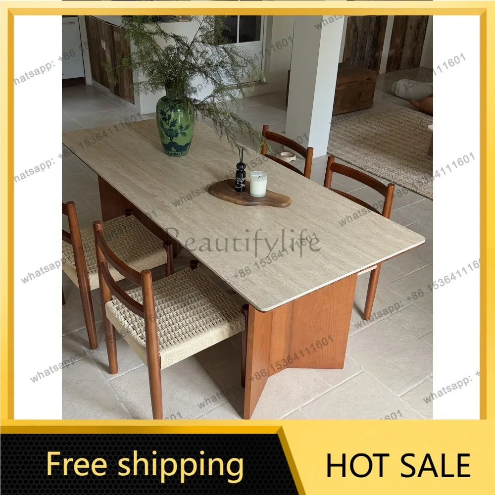 LD French modern simple high-grade travertine rock slab rectangular dining table