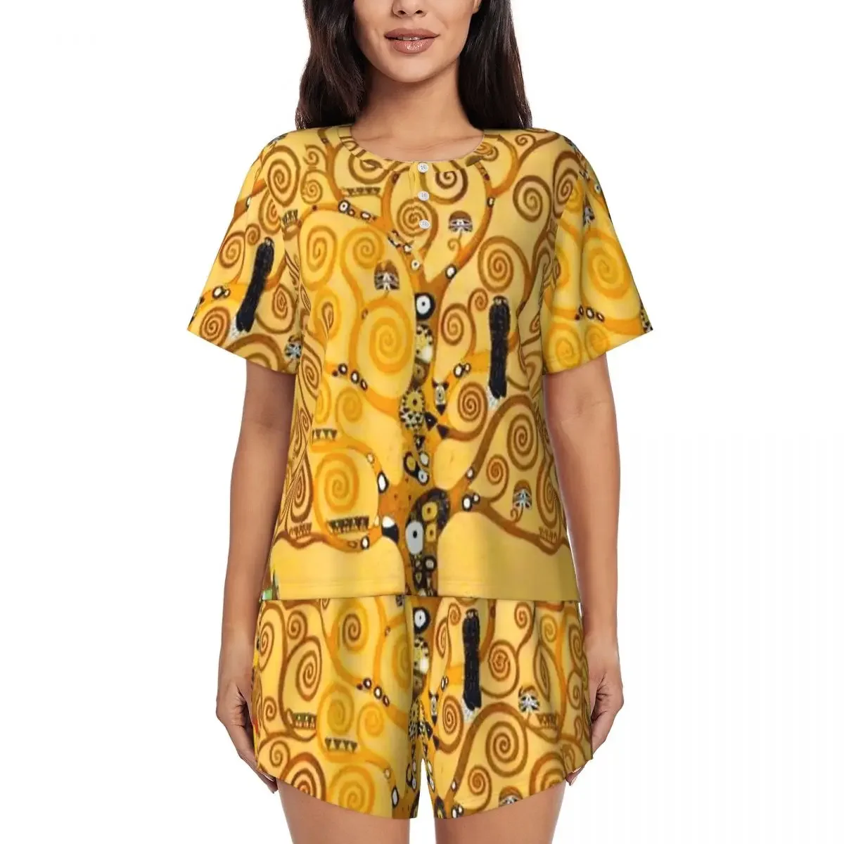 

Gustav Klimt - Tree Of Life Round Neck Short Sleeves Nightdress for Sleeping Sleepshirts Women Loose Pajama Set Short Pants
