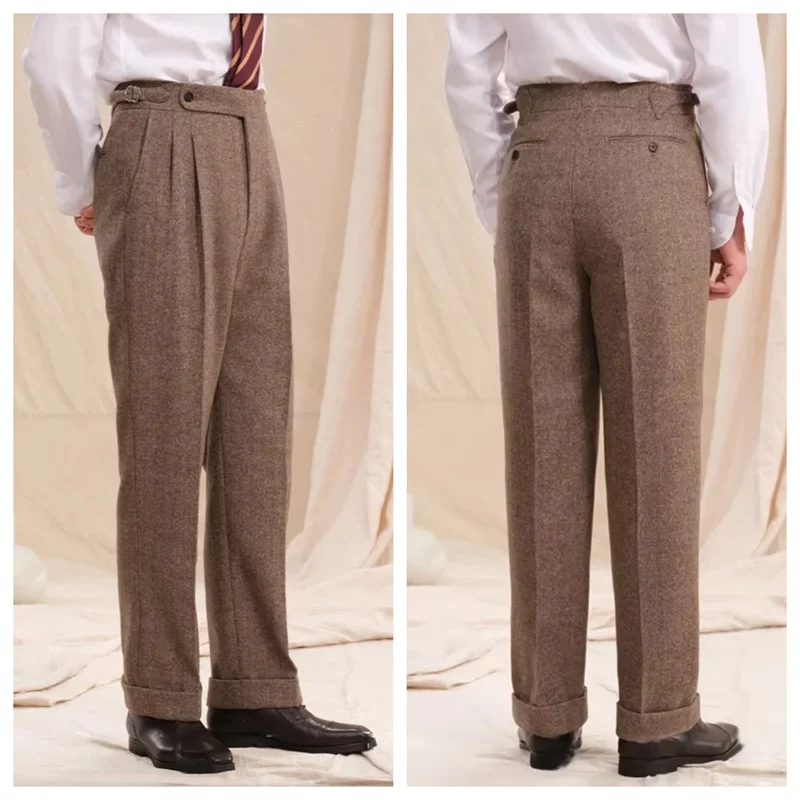 

Vintage Herringbone Wool Blend Man Pants Double Pleats Men Dress Trousers High Waist Straight Leg Thickened Men's ClothingWinter