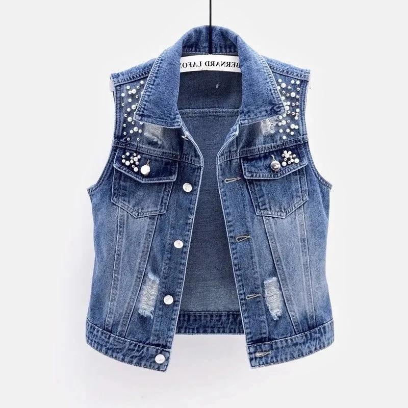 

New Autumn Denim Vest Women Fashion Lapel Denim Waistcoat Casual Sleeveless Short Jeans Jackets Hole Beaded Slim Jeans Coat A927