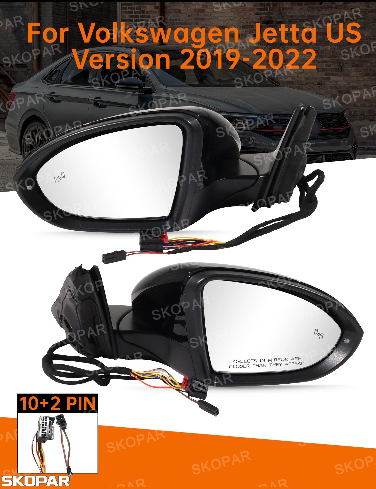 For VW Jetta US Version 2019 2020 2021 2022 Car 10+2 Pin Black Painted Power Adjust Blind Spot Memory Mirror Assembly