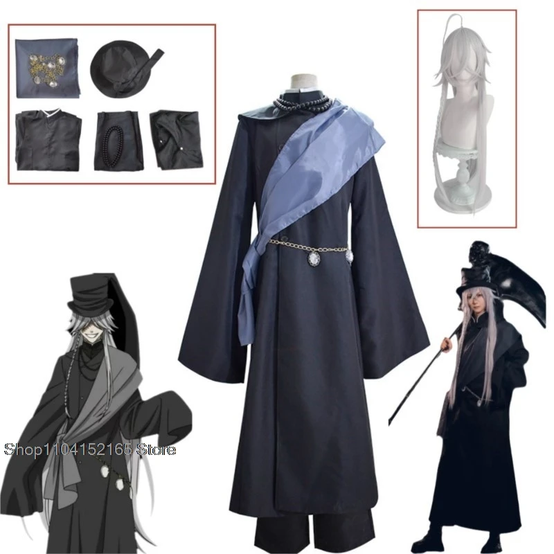 Anime Black Butler Under Taker Cosplay Costume Silvery Wig Black Robe Shawl Uniform Hat Adult Man Halloween Christmas Suit