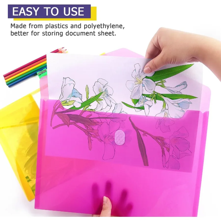 6 Pack Plastic Envelopes Poly Envelope Folder Clear Document Plastic File Folde Organization with Hook and Loop Closure Letter