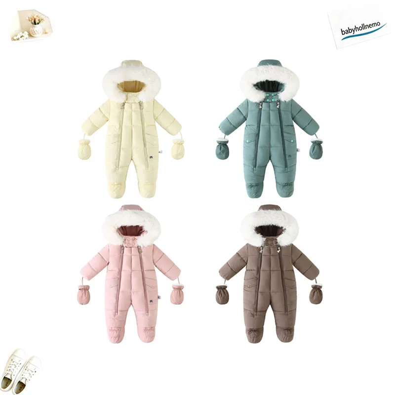 Baby Winter Snowsuit Hooded Faux Fur Trim Thick Warm Footed Romper Detachable Mittens One‑Piece Jumpsuit For Newborn Boys Girl