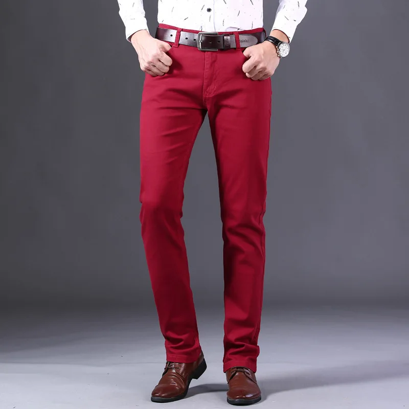 Classic Style Men's Wine Red Jeans Fashion Business Casual Straight Denim Stretch Trousers Male Brand Pants