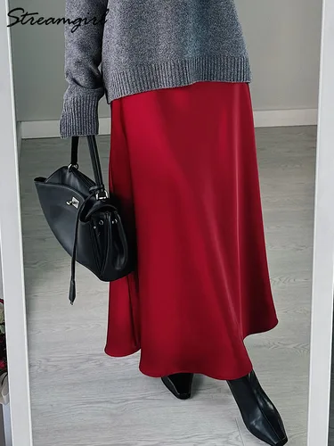 Imagen 2 del producto Faldas largas de satén para mujer, verde oscuro, de lujo, primavera y verano, Maxi falda recta negra, falda larga de satén brillante, Maxi marrón para mujer