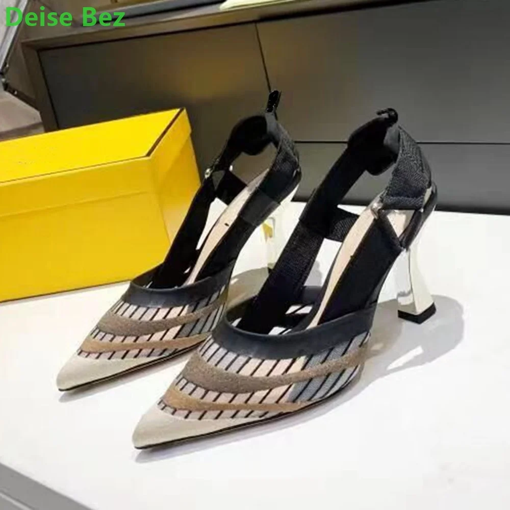 2024 New Mixed Colors Mesh Pumps Metal Thin High Heel Sandals Pointed Toe Slip-on Hollow Sweet Elegant Handmade Shoes For Women