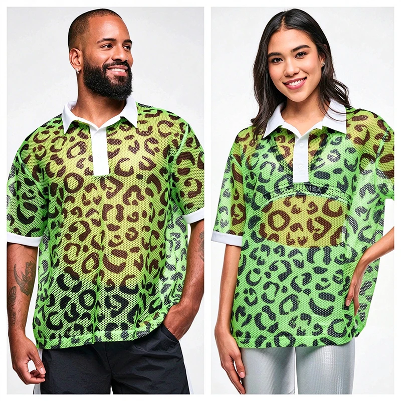 Women Summer T-Shirt Printed Mesh Breathable Top Sports Fitness Dance Casual High Street Collar Fashion Classic