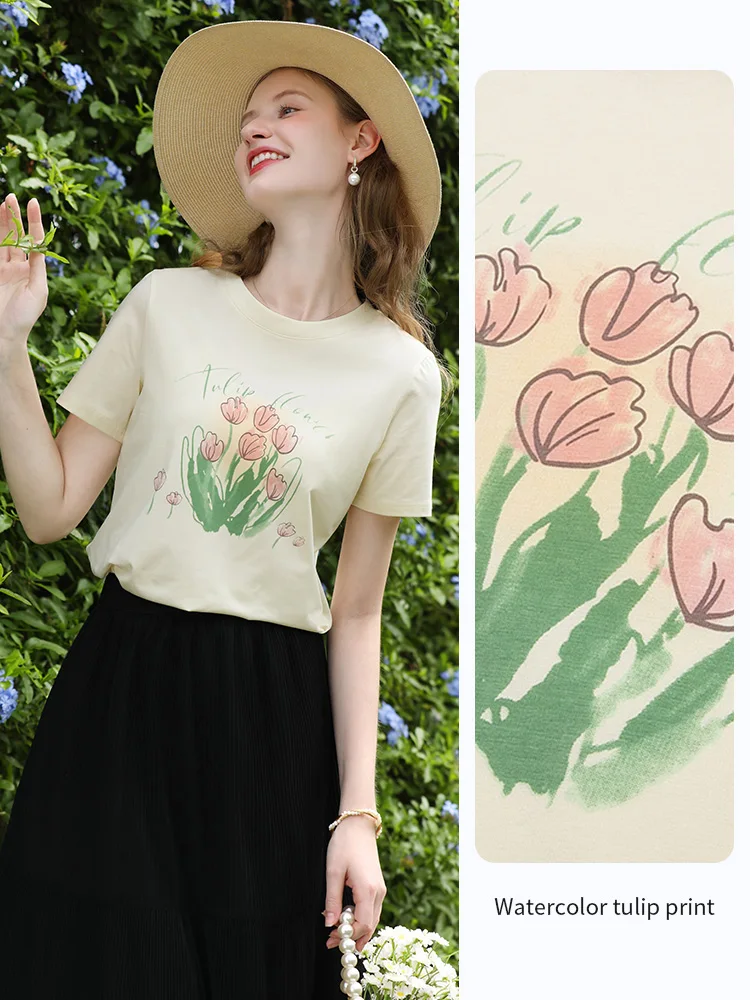 I BELIEVE YOU Women's Top Summer New Apricot Watercolor Tulip Printed O-Neck Short Sleeve Commuting Simple T-Shirt 2252016009