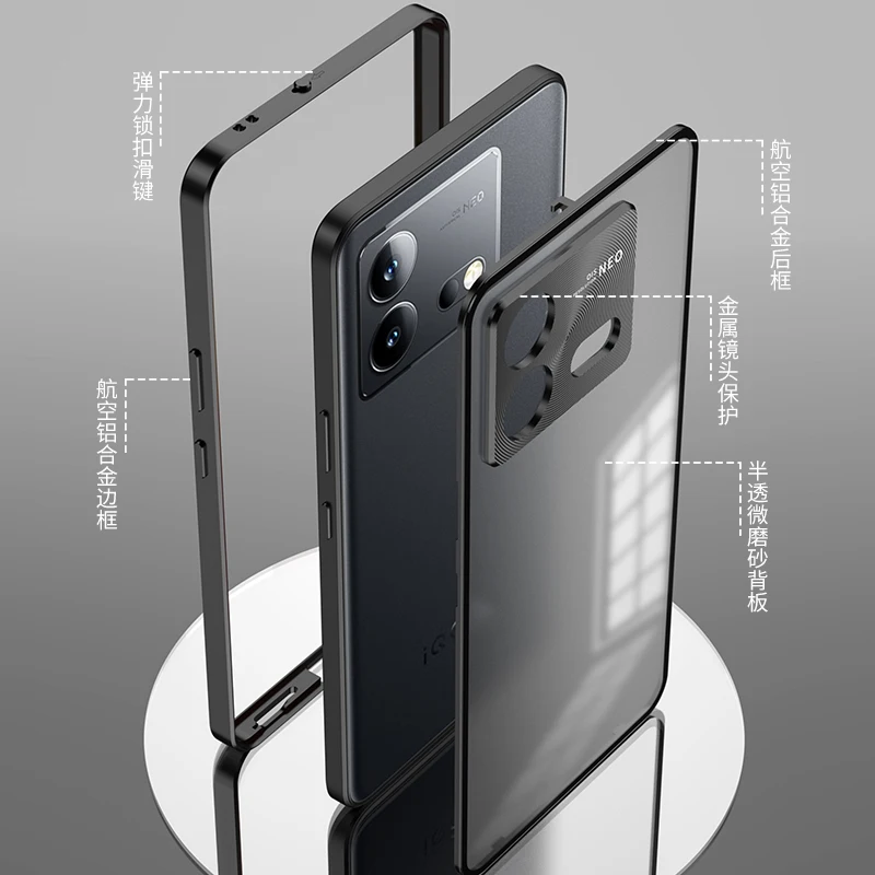 Aluminium Alloy Metal Frame Bumper for VIVO IQOO NEO 8 Pro Case Matte Acrylic Back Cover Camera Lens Protector Case Funda