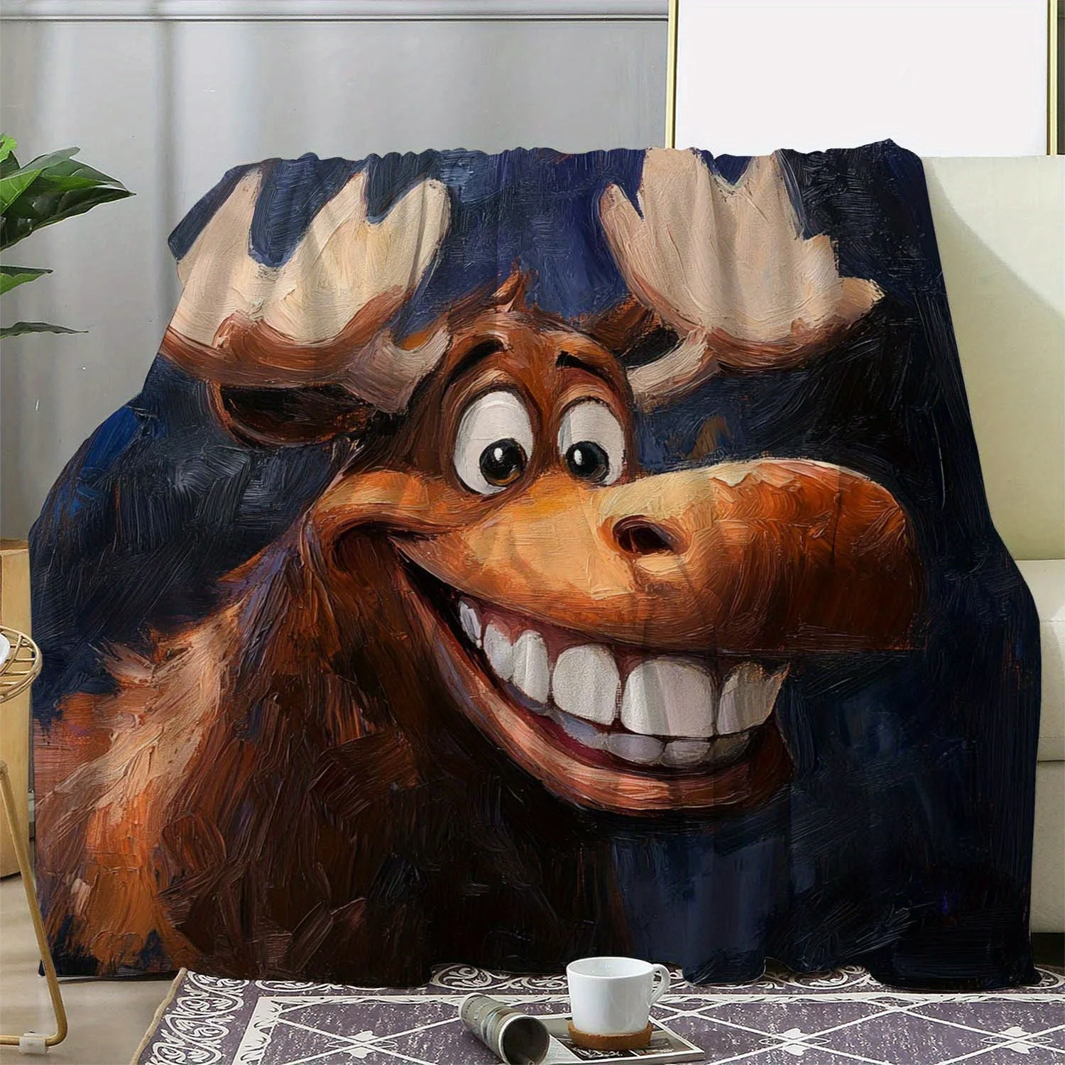 1pc Vintage Moose Print Flannel Blanket - Soft Cozy All-Season Polyester Throw with Smiling Moose Face & Antlers