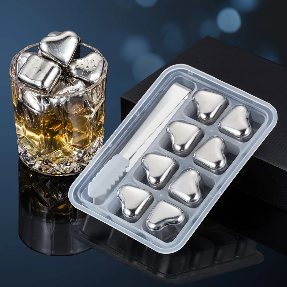 

Stainless Steel Ice Cubes Heart Shaped with Silicone Tongs Reusable Whiskey Stones for Men Father Gift Chiller Wine Accessories