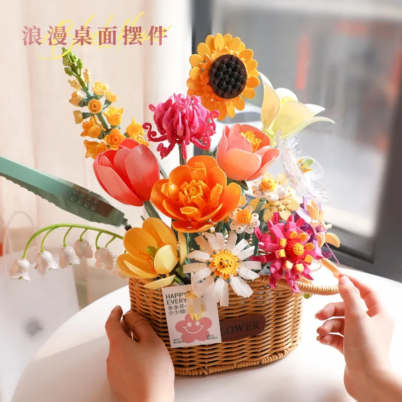 Spot Fermi Healing Building Blocks Flower Basket Building Block Trendy Play Assembly Mobile Desktop Pendant Model Gift Toy Anime