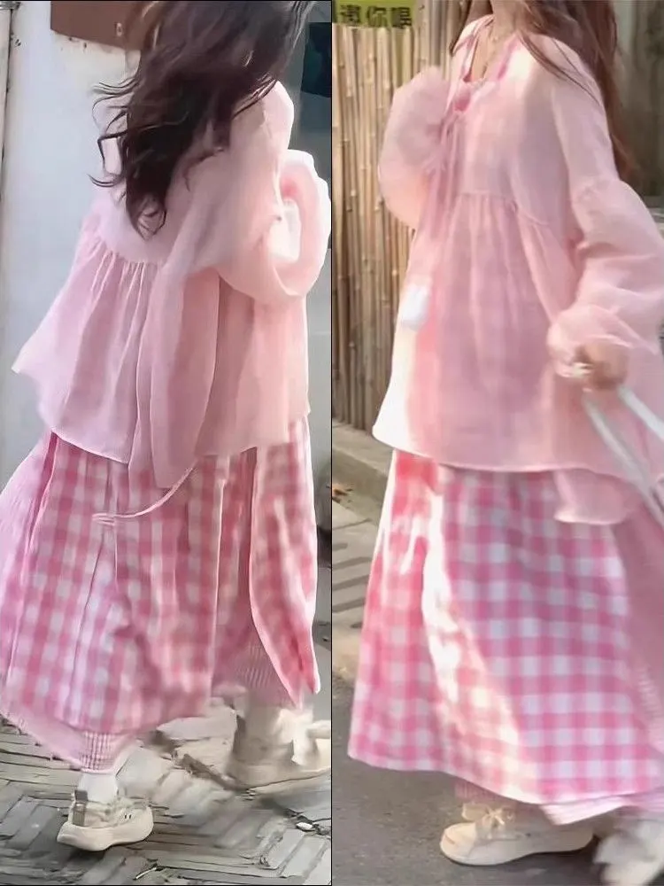 

Summer Beautiful Plaid Strap Dr Women's Outerwear Sun Protection Cardigan Two-Piece Set Faionable Ele Lady's Outfit
