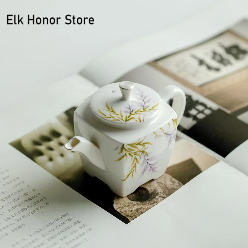 125ml Pure Hand-painted Wisteria Flower Teapot Luxury Gilt Silver Pot Tea Maker Kettle with Filter Square Tripod Pot Tea Items