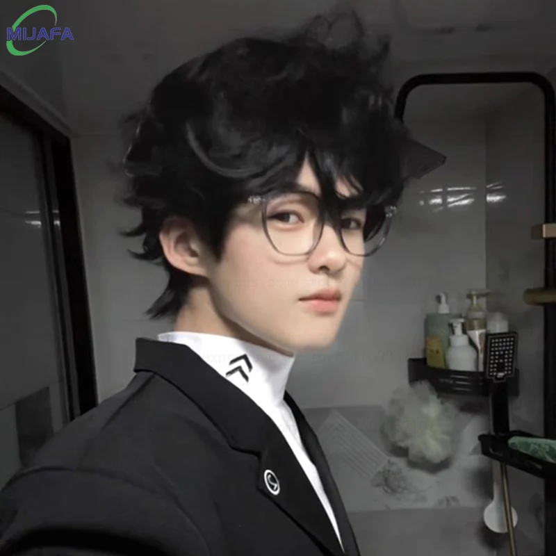 High Quality Game P5 Amamiya Ren Cosplay Wig Kurusu Akira Wig Short Black Curly Heat Resistant Synthetic Hair Anime Wigs +WigCap image 5