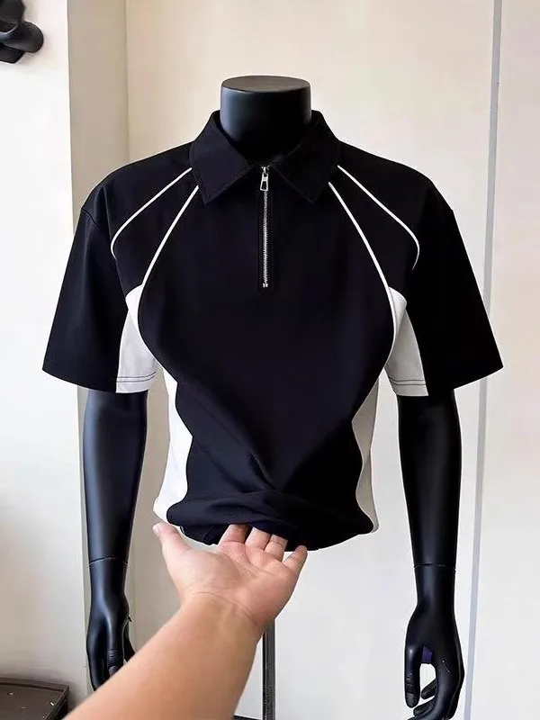 

Мужская летняя футболка с коротким рукавом и воротником на молнии до середины груди, в стиле деконструктивизма, с пэчворком, модная, брендовая, Cleanfit