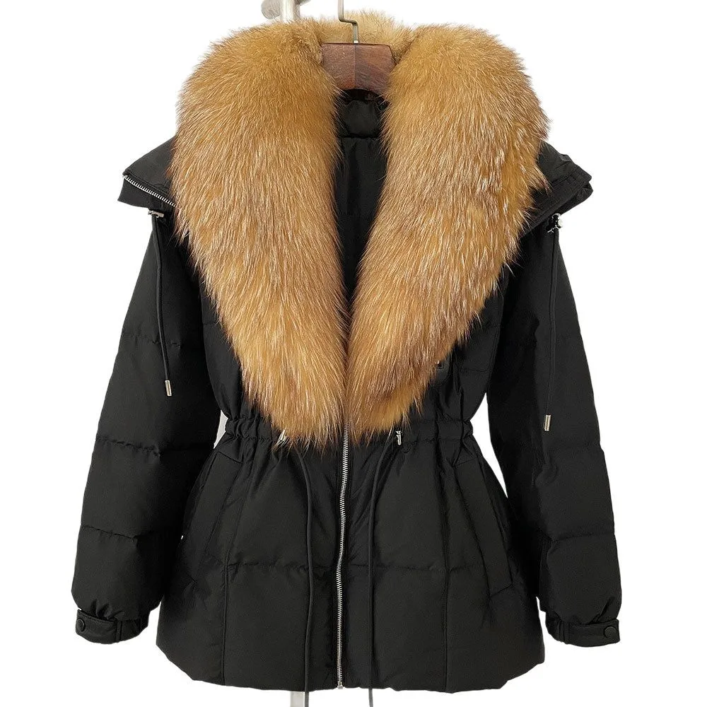 

Big fur collar women's autumn and winter new fashion warm waist hooded down jacket women's high-end down jacket women's
