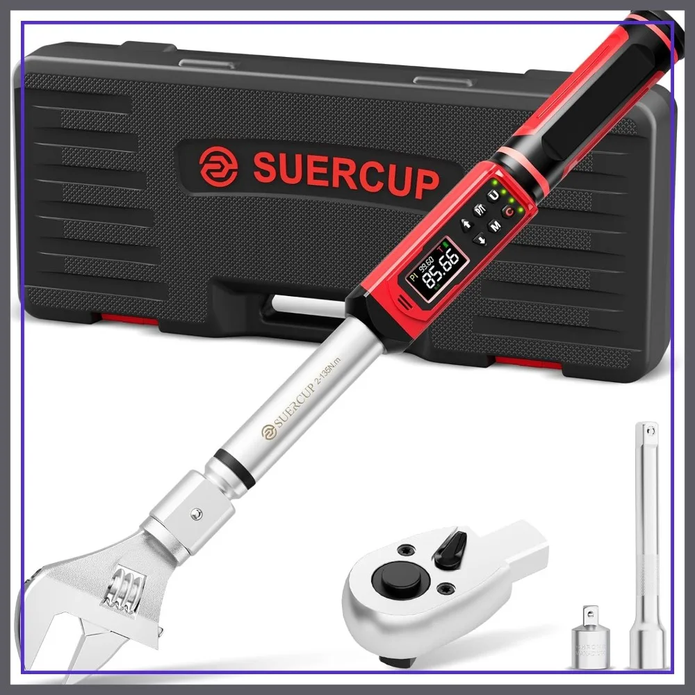 

Adjustable Digital Torque Wrench 1.5-99.6Ft.Lb/2-135N.m,14x18mm Open End，1/2" Ratchet Head&42mm Jaw,Vibration/Buzzer/LED Alert