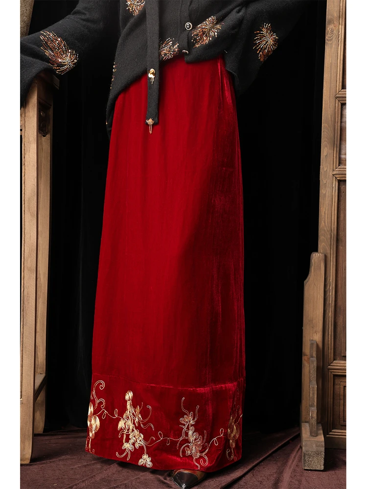 

Dangdang Somes Velvet f Skirt Embroidered Gold Tead Casual mid Waist Straight Cut Daily Wear for Ladies in Their 20s