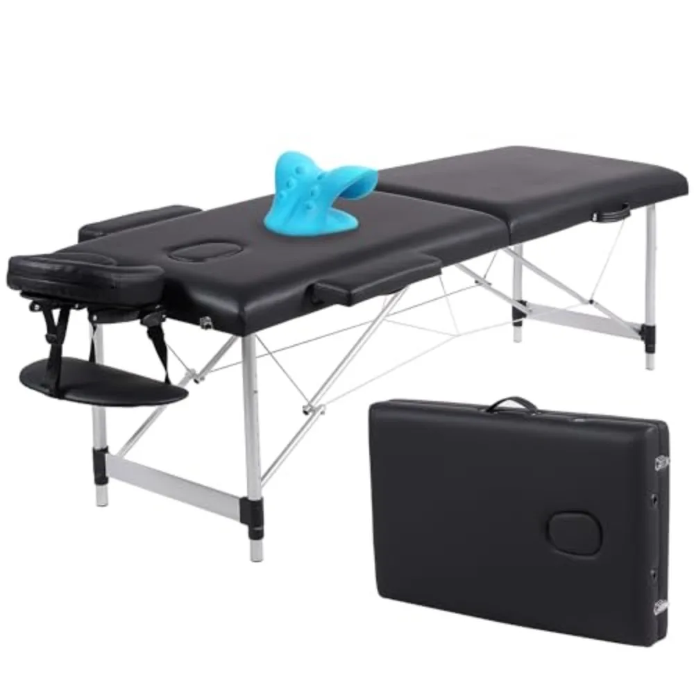 Portable Massage Table with Neck Stretcher, Light Weight 84 in Massage Bed Adjustable Lash Bed (Black, 2Fold-AL)