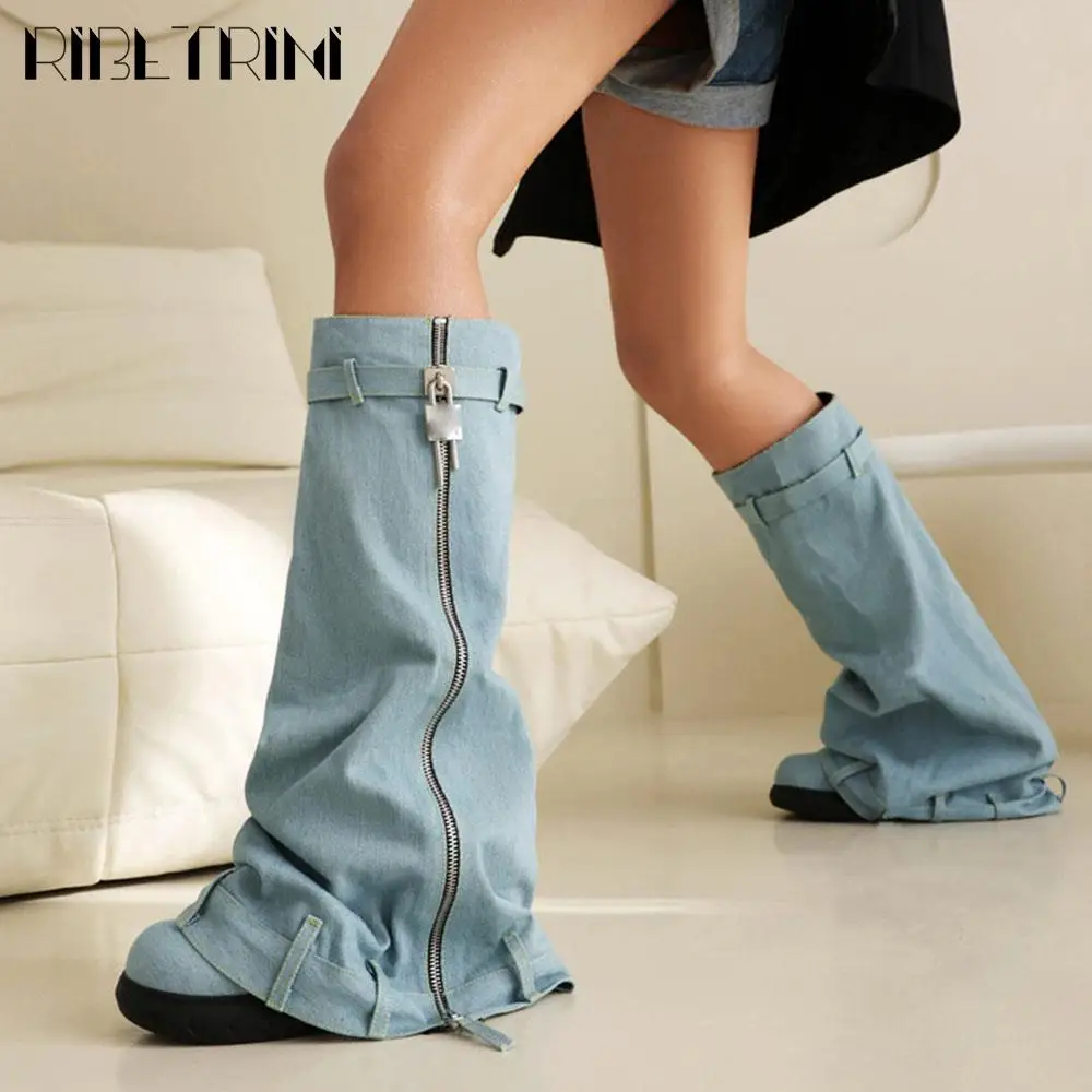 Denim Designer Women Padlock Fold Ocer Boots Designer Cool Fashion Luxury Motorcycle Shoes Wedges Platform non-slip Winter Boot