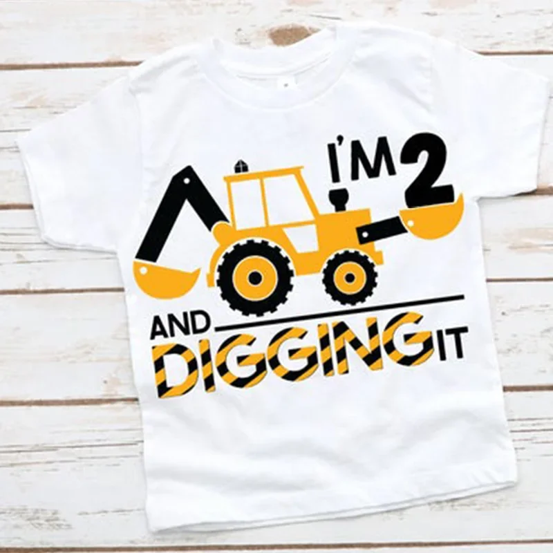 Construction Excavator digging theme boy 1st 2nd first second one two years old birthday party decoration shirt gift Photo props