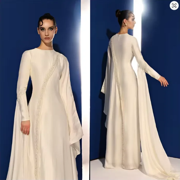 Vestido de noche de gasa blanca, cuello redondo, manga larga, vestidos para ocasiones de graduación a medida, traje de novia exquisito con cuentas personalizado