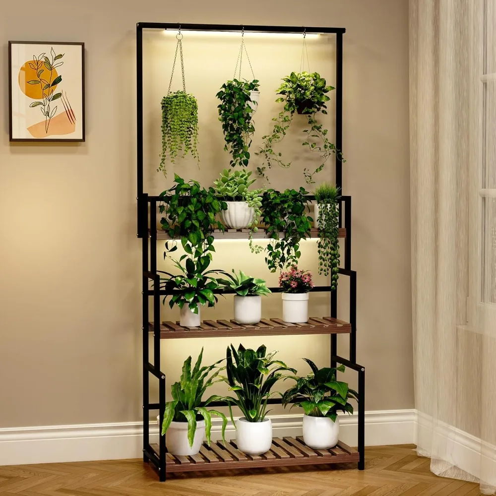 Hanging Plant Stand with Grow Light, 3 Tier Metal Ladder, Plant Shelves